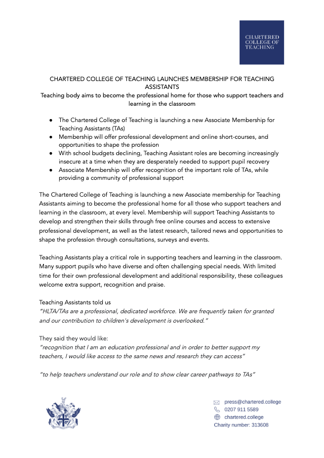 Press Release announcing Teaching Assistant support