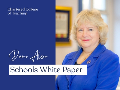Dame Alison Peacock comments on the Schools White Paper, photo of Dame Alison smiling and wearing blue